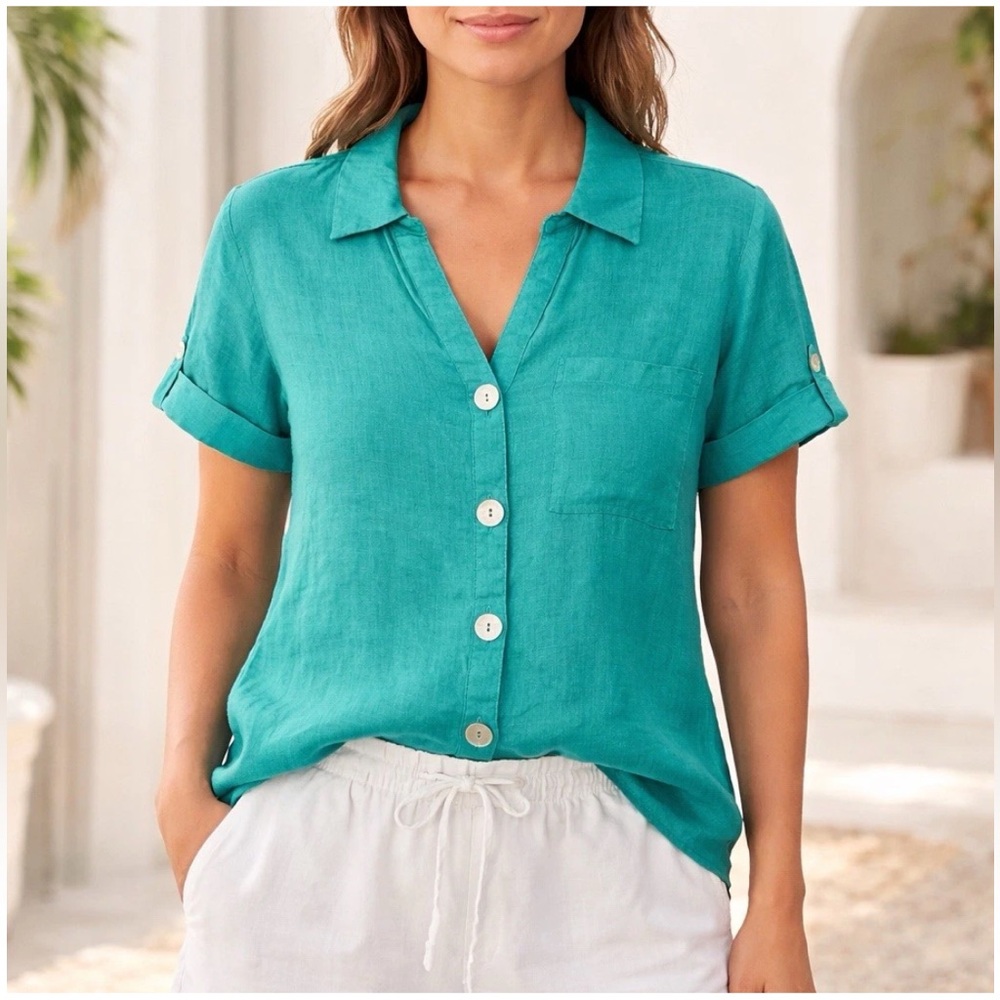Marc New York 100% Linen Top M Relaxed Boxy Button Up Green Summer Resortwear